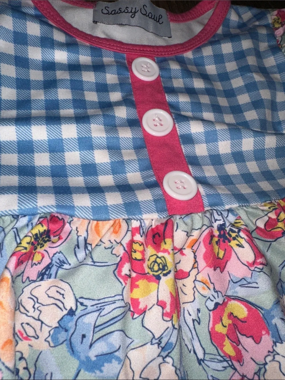 Girls Blue Gingham & Pink Floral Dress